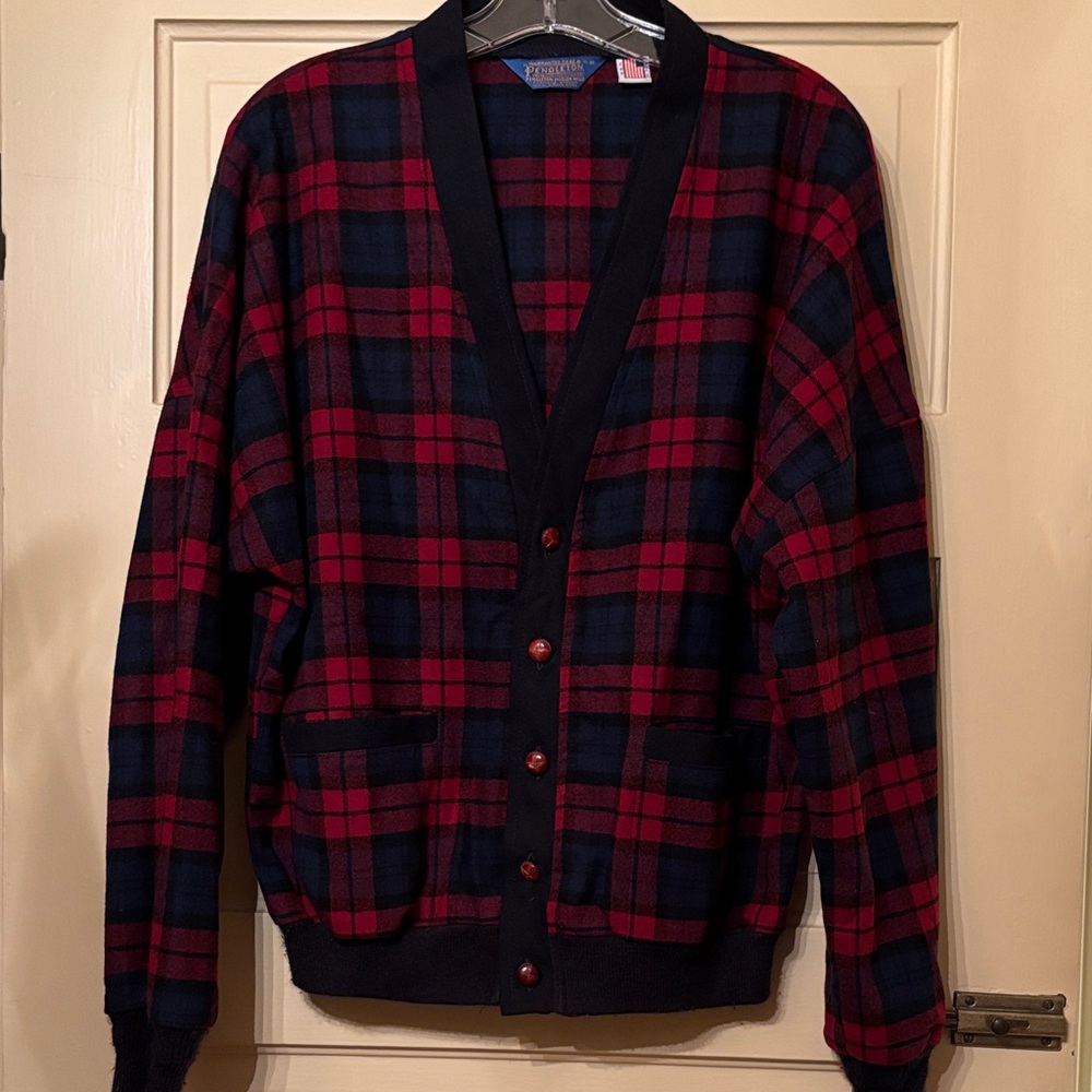 Vintage Pendleton Red and Black Plaid Cardigan Sweater